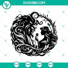 the silhouette of a woman with long hair and flowers in her hair, surrounded by swirls