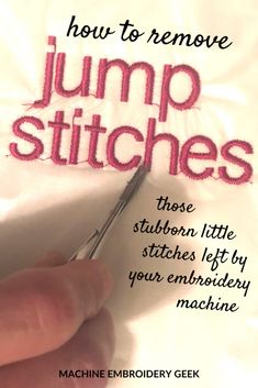 a hand holding a pair of scissors in front of a piece of paper with the words jump stitches on it