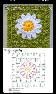 the crochet flower is shown in white, yellow and green with an orange center