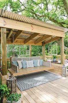 the front page of an outdoor living magazine with a swing bed and patio furniture on it