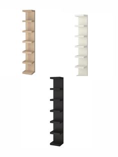 three shelves are shown side by side, one is black and the other is white