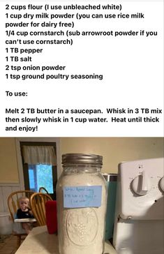 a mason jar filled with flour sitting on top of a counter