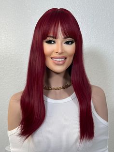 💛Hair Color: Ruby Red 💛Hair Length: 14 inches 💛Lace Type: No Lace 💛Cap Style: Traditional open weft cap with stretch material, adjustable straps 💛Cap Size: 21"- 22" Small/Medium Average Cap with adjustable straps - Will fit 99% of all head sizes. 💛Type of Hair: European Human Hair Blend 💛Heat Safe: Yes, can be safely heat styled up to 350 degrees Fahrenheit - Use your curlers, flat irons, wands, and crimpers for endless styling possibilities. Long Hair With Fringe Bangs, Hair With Fringe Bangs, Long Hair With Fringe, Ruby Red Hair, Wig Long Hair, Hair With Fringe, Cosplay Style, Witch Cosplay, Red Wig