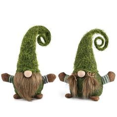 two small green gnomes are standing next to each other