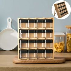 an image of a wooden spice rack with spices on the shelf and other kitchen accessories