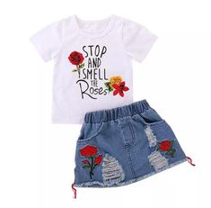 Sizes range from 2T-5T Casual Denim Skirt, Children Outfits, Distressed Jean Skirt, Rose Clothing, Floral Denim, Kids Set, Girls Wardrobe