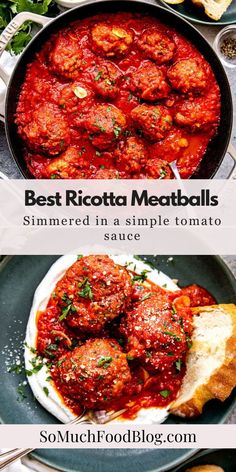 the best ricotta meatballs in a skillet with tomato sauce and parmesan bread