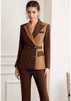 Women Coat Pant Design, Pattern Suits Women, Women Two Piece Suit, Two Tone Fashion, Two Tone Clothes, Ladies Suits Design For Women, Different Types Of Collars For Women, Fitted Suit Women, Unique Suits Women