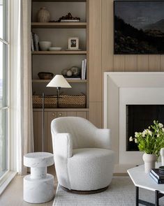 a living room filled with furniture and a fire place in front of a book shelf