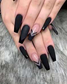 Matte Acrylic Nails, Matte Nail Art, Black Coffin Nails, Colour Tip Nails, Black Acrylic Nails, Winter Nail, Uñas Acrilicas