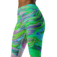 Yoga Leggings for Women - Cool Abstract Chartreuse and Blue Groovy Retro Green Moisture-wicking Yoga Pants For Training, Green Moisture-wicking Athleisure Tights, Green Moisture-wicking Leggings For Workout, Green Moisture-wicking Running Pants, Green Sportswear Tights For The Gym, Green Compression Tights For Running, Green Tight Yoga Pants For Sports, Tight Green Yoga Pants With Moisture-wicking, Fitted Green Yoga Pants Moisture-wicking