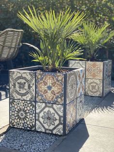 two planters with plants in them sitting on the ground