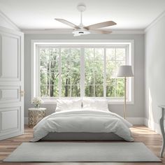 an empty bedroom with white walls and wood flooring, large bed in front of two windows