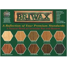 the briwax wax is shown in various colors and sizes, including brown