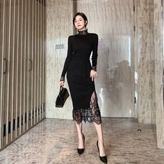 Black Long Sleeve Bodycon Knitted Lace Midi Dress Lace Spring Dress, Long Sweaters For Women, Black Lace Midi Dress, Women Lace Dress, Knitted Lace, European Dress, Long Sweater Dress, Womens Knit Dresses, Lace Splicing