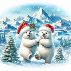 two white polar bears wearing santa hats and holding hands in front of snow covered mountains