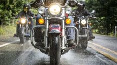 three people riding motorcycles on a wet road with trees in the backgrouds