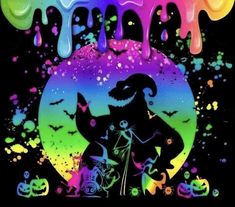 the silhouette of a woman and her cat in front of colorful drips