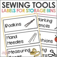 sewing tools labels for storage bins with scissors and knitting needles on them in black and white