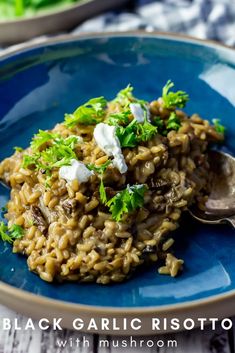 a blue plate topped with rice covered in sauce and garnished with parsley