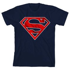 Celebrate the Man of Steel with this Superman tee. The shirt features the superhero’s logo of a red S inside a diamond. The whole shape is outlined in red. Dark patches appear across the logo. The shirt comes in a navy short sleeve crew neck. Fans of the DC superhero will love this t-shirt. Size: large. Color: blue. Gender: male. Age Group: kids. Pattern: Fictitious Character. Material: Cotton. Red Short Sleeve T-shirt With Logo, Red Logo T-shirt With Short Sleeves, Red Superhero T-shirt With Short Sleeves, Pop Culture Red T-shirt With Logo Print, Red Pop Culture T-shirt With Logo Print, Red Superhero Short Sleeve Top, Red Cotton Superhero Tops, Red Cotton Superhero Top, Kids Pattern