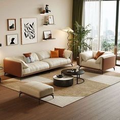 a living room filled with lots of furniture and decor on top of a hard wood floor