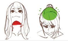 two drawings of women with different expressions and hair styles, one has a green hat on her head