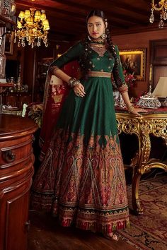 Buy Green Viscose Silk Hand Painted Floral Motifs Mumtaz Anarkali With Dupatta For Women by Kalista Online at Aza Fashions. Sequins Fabric, Embroidered Dupatta, Silk Dupatta, Bottle Green, Thread Work