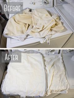 before and after pictures of washing clothes in a washer with dryer on top