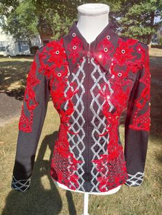 Women's adult small Western, Day, Show, Equestrian shirt. Zip front. Lots of stretch and sparkle. Custom design red lace with diamond silver sequin detail, silver and gold and black with crystal rhinestone accents, sequin and beading.  Show stopper! Size -  Adult small Measurements: Bust: 34 Waist: 31 Hips: 38 Shoulder: 16 Back: 24 Arms: 23 Red Embellished Fitted Tops, Equestrian Shirt, Custom Design Shirts, Womens Blouses, Silver Sequin, Red Lace, Favorite Things Gift, Crystal Rhinestone, Womens Clothing Tops