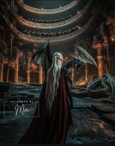 a woman with long white hair standing in front of a dragon