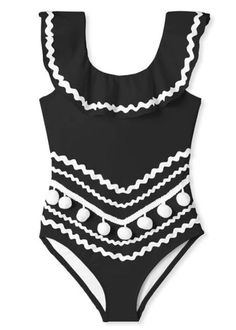 Black Draped Swimsuit with Striking White Trim can be worn on or off shoulder. Black Bohemian Swimwear, Black Ruffled Swimwear For Beach Season, Black Ruffled Swimwear For Summer, Sunglasses For Girls, Luxury Beachwear, Beautiful Bathing Suits, Beachwear Brands, Bathing Suits One Piece