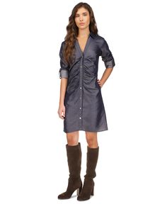 Styled with ruched detailing at front and roll-tab sleeves| this shirtdress from Michael Kors is the perfect addition to your wardrobe.| Approx. 36 long from center back neck to hem| Button-front dress| Point collar; V-neck| Button-front closures Boys Bottoms, Button Front Dress, Sweater Set, Active Wear Leggings, Shirtdress, Shop Swimwear, Blazer Dress, Blazer Coat, Swimwear Tops