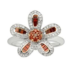 Dazzling red and white diamonds adorn this sterling silver flower ring.Ring Details: Width: .7 in. Metal: rose & white rhodium-plated sterling silverDiamond Details: Total weight: 1/2 ct. Cut: round, baguette Color: red, white Clarity: I2-I3 Setting: prong, channelImage(s) may be enlarged to show detail.Diamond weights are approximate. Diamond total weights may vary between .01 and .08 ct. Some diamonds have fewer than 17 facets.Gemstones may have been treated to enhance their appearance. Sp Red Multi-stone Diamond Jewelry, Diamond Multi-stone Flower Ring, Flower Shaped Diamond Ring With Multi-stones, White Flower Shaped Rings With Diamond Accents, Red Cluster Diamond Jewelry, White Flower Shaped Diamond Ring, Red Cluster Fine Jewelry, White Flower Jewelry With Center Stone, White Flower-shaped Jewelry With Center Stone