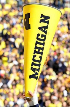 a person holding up a yellow cone with the word michigan on it in front of a crowd