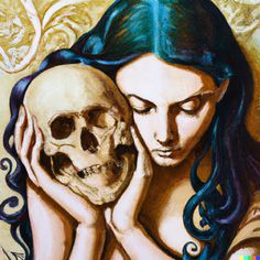 a painting of a woman holding a skull