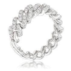 This rhodium plated flexible chain ring offers a classic touch but with endless texture. A half stationary linked chain backing offers its wearer a sense of security. Paired with a flexible chain top half carefully embedded with delicate clear CZ round cut stones this everyday accessory offers a subtle splash of shine to each moving day. Plating Color: Silvertone Stone Size: 1.3mm Chain Top, Linking Rings, Eternity Band Ring, Diamond Chain, Silver Band Ring, Brass Jewelry, Cz Diamond, Chain Ring, Pricing Jewelry