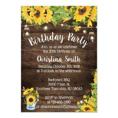 sunflowers and mason jars are on the wooden background for this rustic birthday party