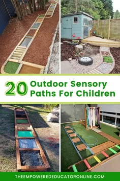 several different pictures with the words 20 outdoor sensory paths for children