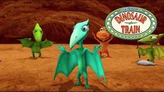 three cartoon dinosaurs are standing in front of a sign that says dinosaur train on it