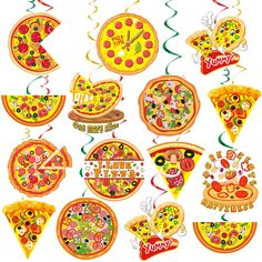 a bunch of different types of pizza cutouts on a white background with confetti streamers