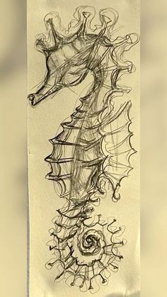 a drawing of a sea horse on a piece of paper that is hanging from the wall