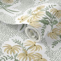 a white and green floral wallpaper with gold flowers on the bottom half of it