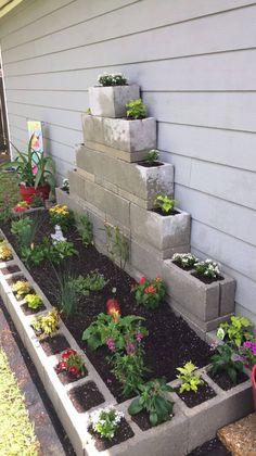 an outdoor garden with flowers and plants growing on the side of a house's wall