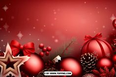 a red christmas background with ornaments and bows on it's sides, including pine cones