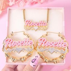 Material: Copper, Acrylic. Color: Gold. Necklcae Chain Length: 14",16",18",20",22". Earrings Diameter: 60mm/ 2.36". Process: Gold plated. Recipient: Woman, Mom, Wife, Girl Friend, Children, Family. Product Type: Personalized Jewelry. Gift Type: Set. Occasions: Valentine's Day, Mother's Day, Christmas, Birthday, etc. Jewelry Type: Name Necklace, Name Earrings. Brand: Silviax Jewelry. Item: 2023S0010 Necklace Name, Name Earrings, Bamboo Earrings, Pink Acrylic, Pink Acrylics, Gadgets And Gizmos, Girl Friend, Food Dessert, Bang Bang