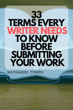 an open book with the title 33 terms every writer needs to know before subming your work