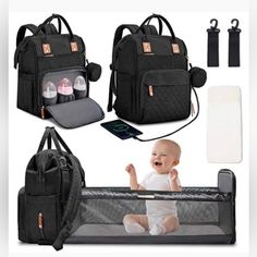 baby diaper bag with multiple compartments and accessories for the infant to use in their crib