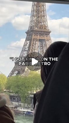 the eiffel tower in paris is seen from inside a bus window with text overlaying it