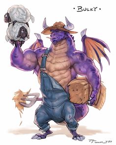 a drawing of a purple dragon holding a wrench in his right hand and wearing a cowboy hat